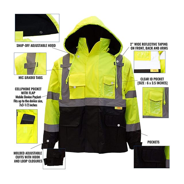 Reflektierende Winter-Bomberjacke mit hoher Sichtbarkeit und schwarzer Unterseite gemäß ANSI-Standards